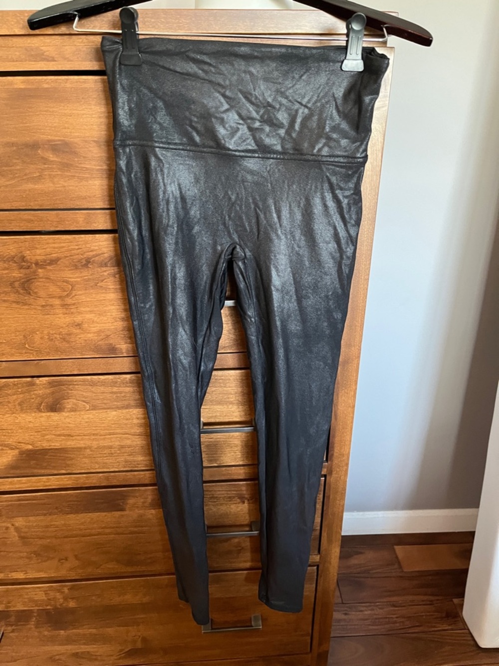SPANX Black High-Shine Faux Leather Leggings with Red Tag